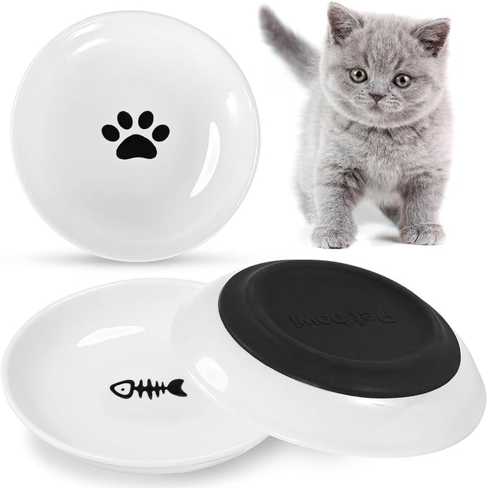 Cat Food Bowl 3 Pcs, Cat Bowls for Indoor Cats Non-Slip Silicone Bottom, Ceramic Cat Bowl Shallow Cat Dishes for Wet Food, Healthy Whisker Fatigue Cat Bowl Cat Plates for Kittens