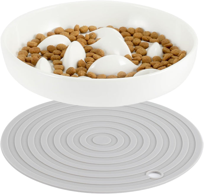 PETTOM Ceramic Slow Feeder Bowl for Cats and Dogs, Non-Toxic, Raised Edges, Non-Slip Mat, Easy to Clean