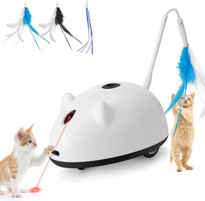 Cat Laser Toy Interactive Smart Automatic Electronic Cat Mouse Toys with Feather for Indoor Cats Kittens,Play Teaser Pet Exercise, USB Rechargeable (3 Replaceable Tails)