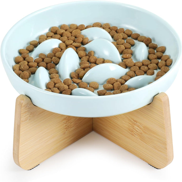 Slow Feeder Cat Bowl with Stand, Ceramic Slow Eating Cat Bowl with Higher Edges Fish Pool Design Elevated Cat Food Bowl for Dry and Wet Food Anti-Vomiting Cat Puzzle Feeder for Healthy Eating Diet
