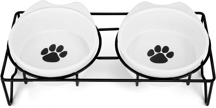 PETTOM Ceramic Raised Cat Bowl, Cat Food Water Bowls with Stand Double Cat Bowls Elevated Anti Vomiting Cute Set of 2 Cat Kitten Food Bowls, 350ml x 2