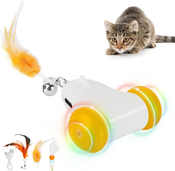 PETTOM Interactive Cat Toy, USB Rechargeable Automatic Moving Cat Toys for Indoor Cats with Colorful LED Light, 3 Feathers as Kitten Toys Accessories Stimulate Cats' Hunting Instincts