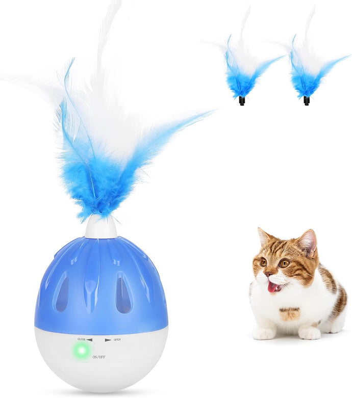 Interactive Cat Toys for Indoor Cats, 3-in-1 Cat Treat Dispenser Toy with Feather Electronic Moving Tumbler Cat Treat Ball Toy Auto Timer Off Cat Toys for Kitten Having Fun Exercise Playing