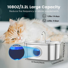 Load image into Gallery viewer, Cat Water Fountain Stainless Steel, 3.2L/108oz Cat Fountain Water Bowl with Water Level Window and LED Light, Super Quiet Cat Fountains for Drinking, Automatic Pet Water Fountain for Cats Dogs
