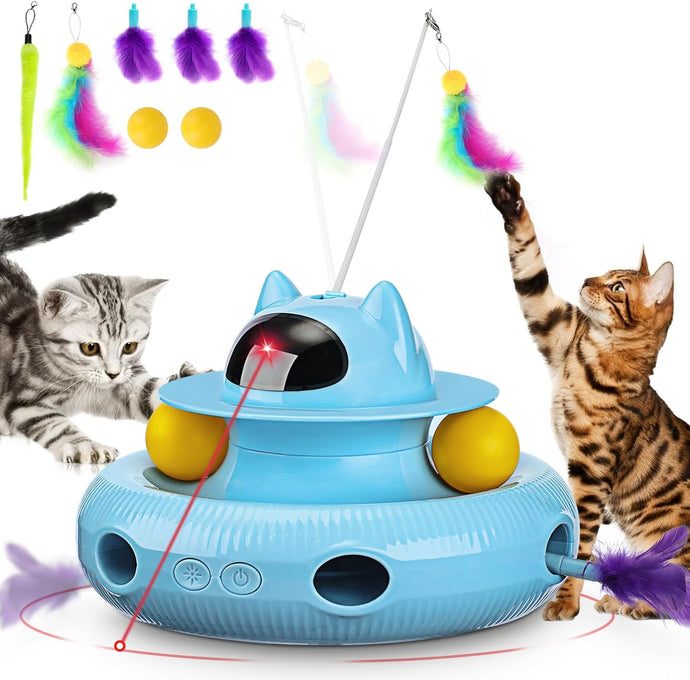 PETTOM 4 in 1 Interactive Cat Toy, Cat Toys for Indoor Cats Adult, Automatic Random Moving Cat Feather Toy, Best Gift for Cats -USB Rechargeable (Blue)